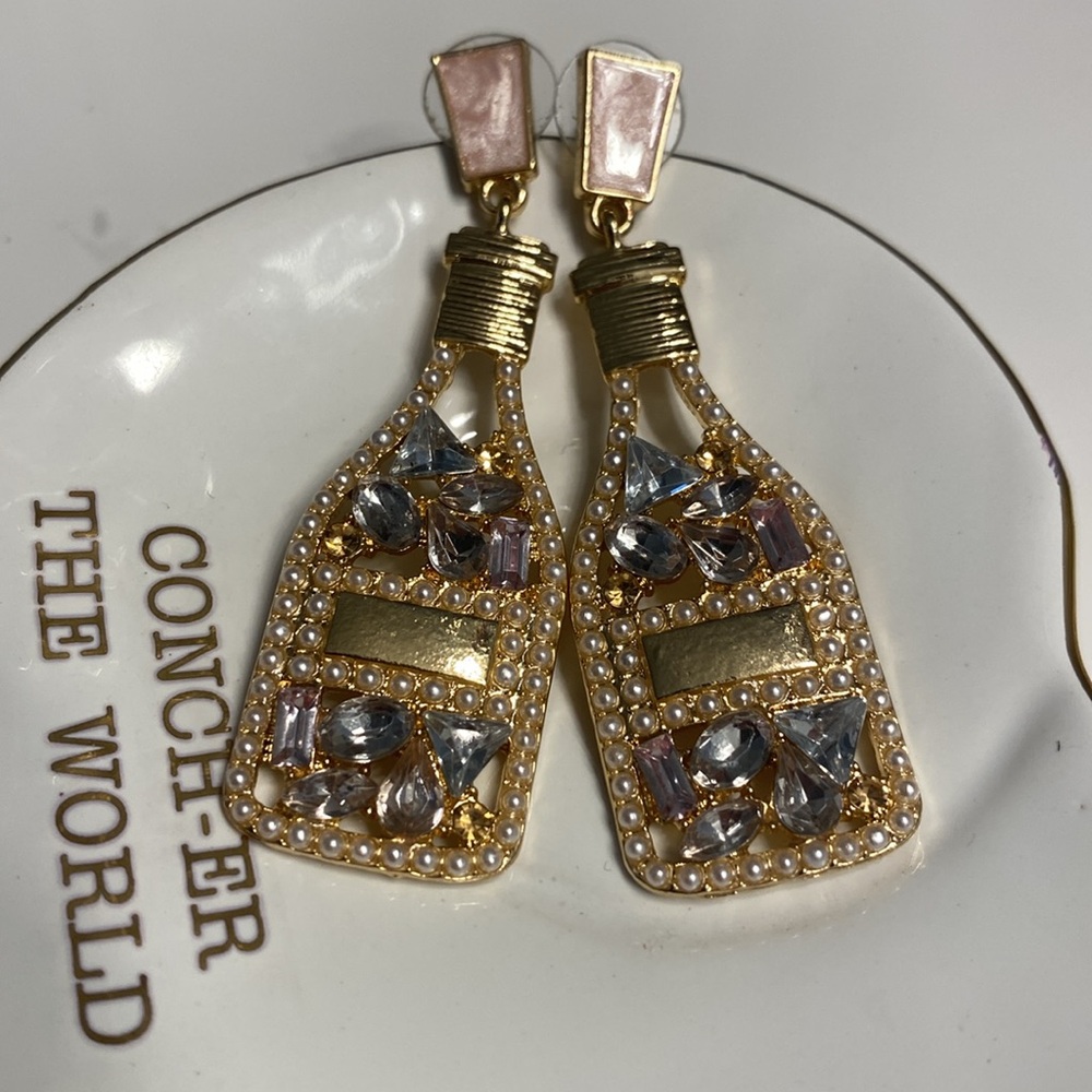 New Pink crystal pearl champagne earrings party bartender dangle - Picture 3 of 5